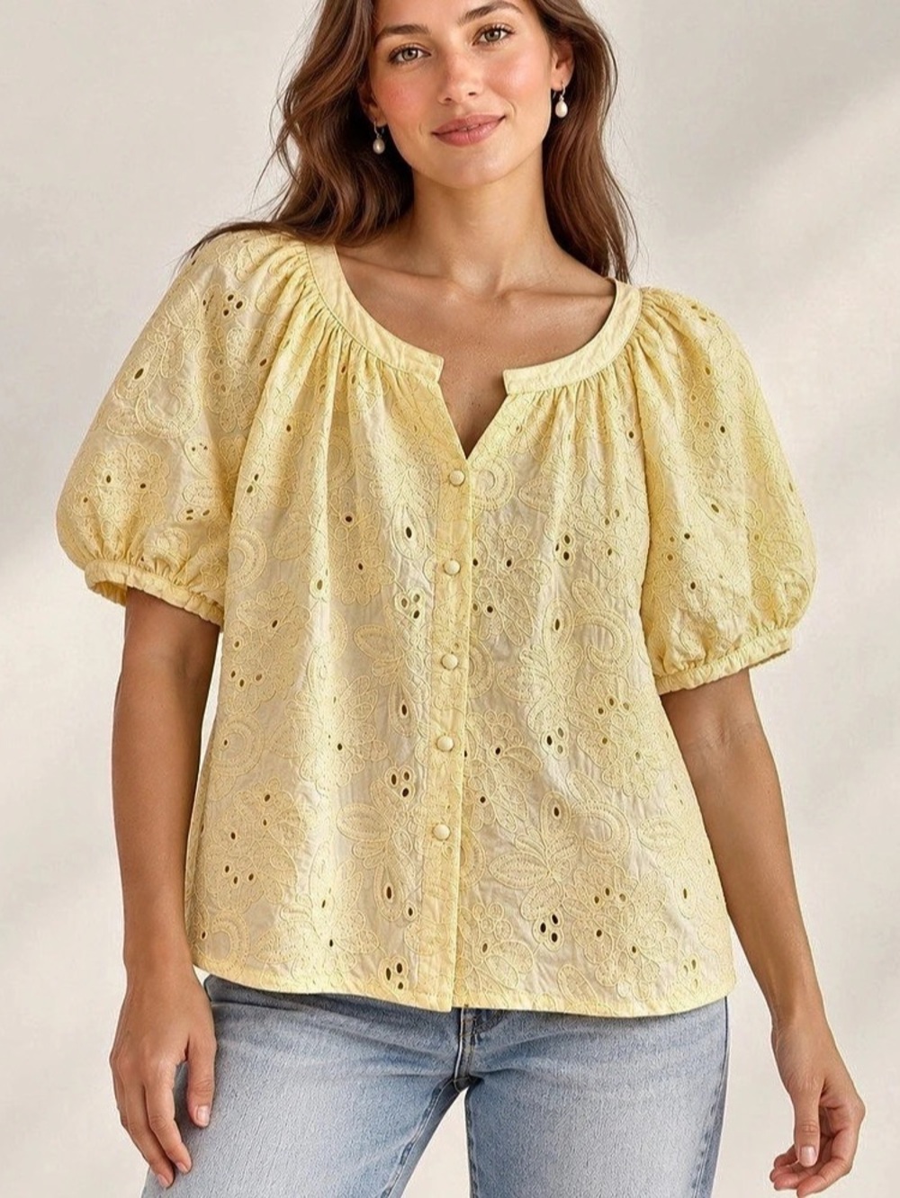Calypso St. Barth Butter Yellow Cotton Eyelet Puff Sleeve Blouse